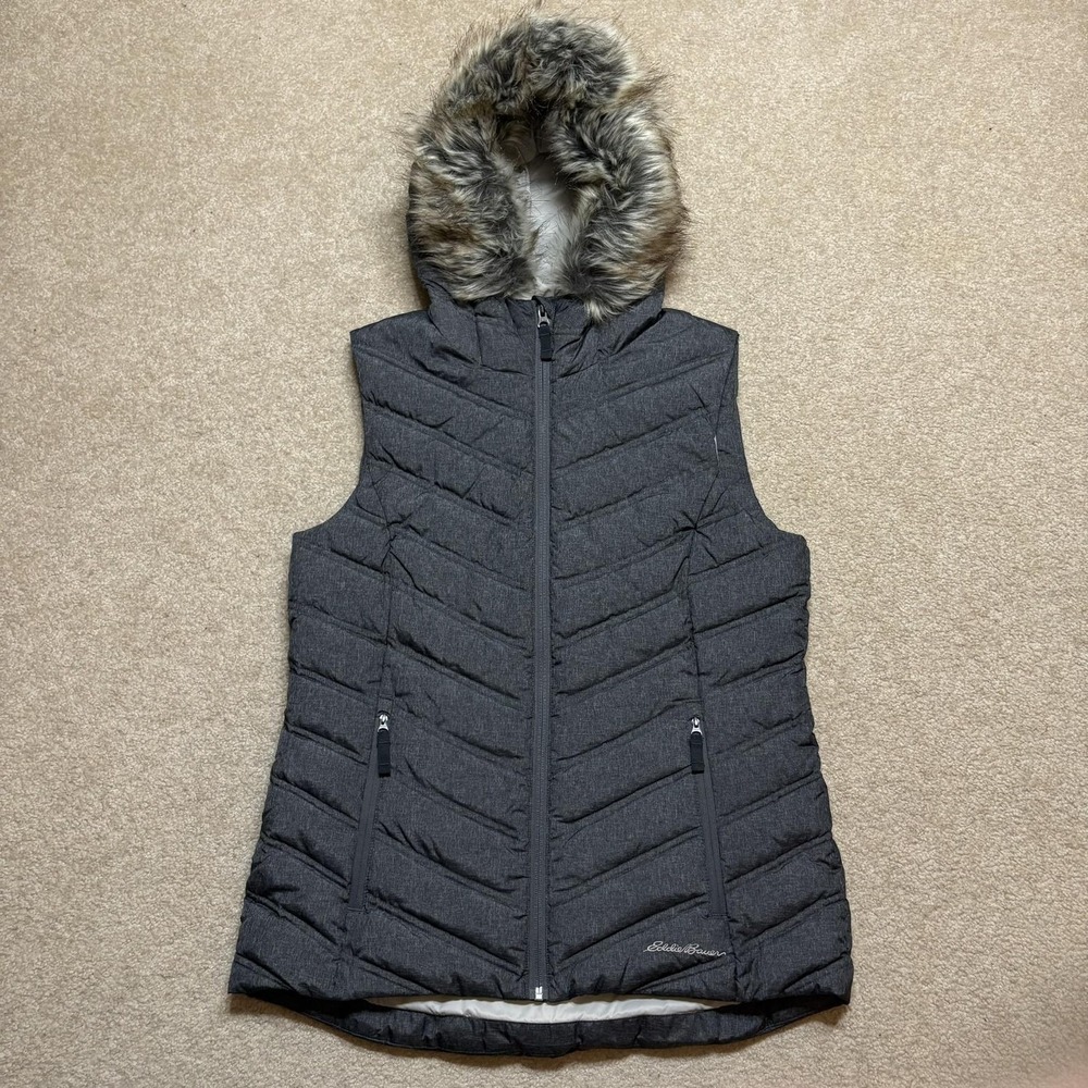 Eddie Bauer Down Puffer Vest Womens Medium Gray Quilted Faux Fur Hooded Zip Up